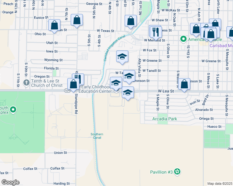 map of restaurants, bars, coffee shops, grocery stores, and more near 1801 West Lea Street in Carlsbad