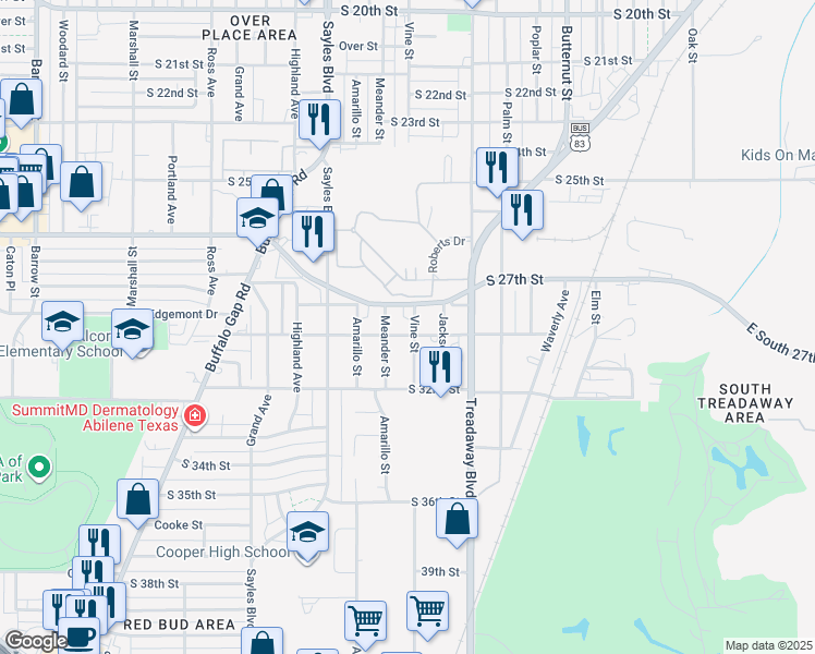 map of restaurants, bars, coffee shops, grocery stores, and more near 1802 Edgemont Drive in Abilene
