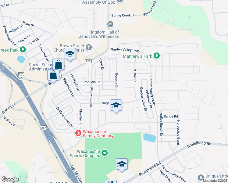 map of restaurants, bars, coffee shops, grocery stores, and more near 332 Choctaw Trail in Waxahachie