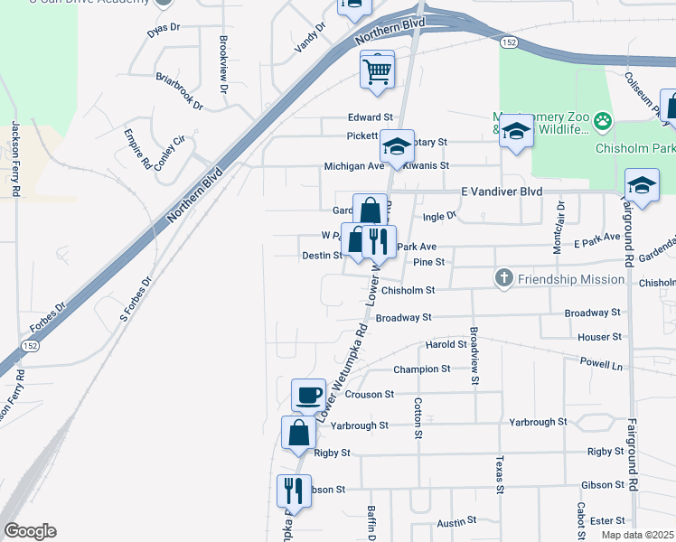 map of restaurants, bars, coffee shops, grocery stores, and more near 103 Destin Street in Montgomery