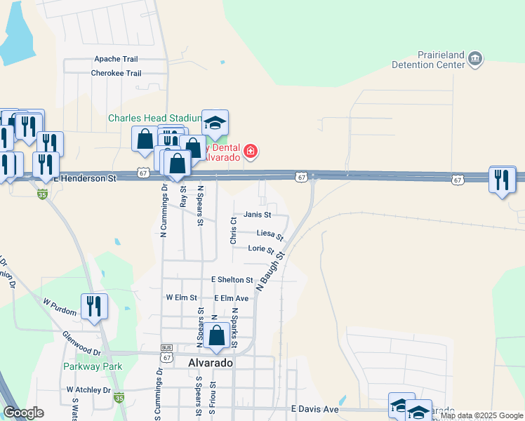 map of restaurants, bars, coffee shops, grocery stores, and more near 600 U.S. 67 in Alvarado