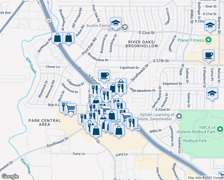 map of restaurants, bars, coffee shops, grocery stores, and more near 3001 South Danville Drive in Abilene