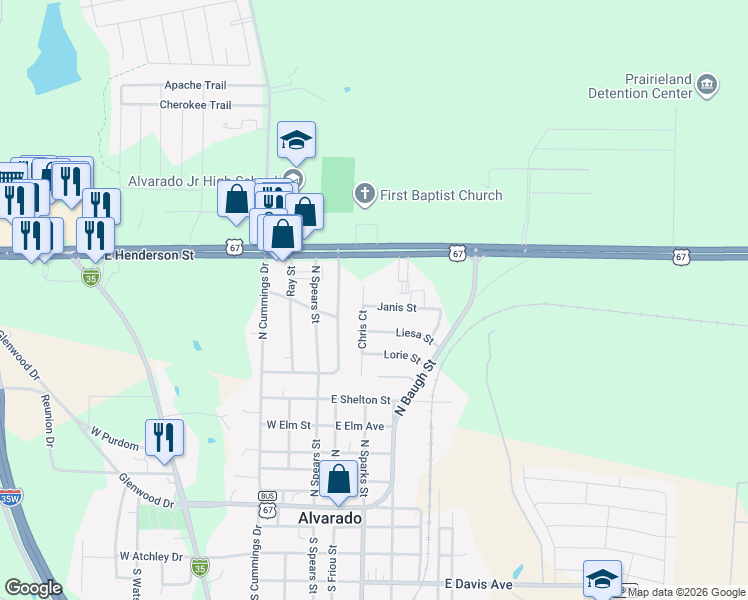 map of restaurants, bars, coffee shops, grocery stores, and more near 103 Janis Street in Alvarado