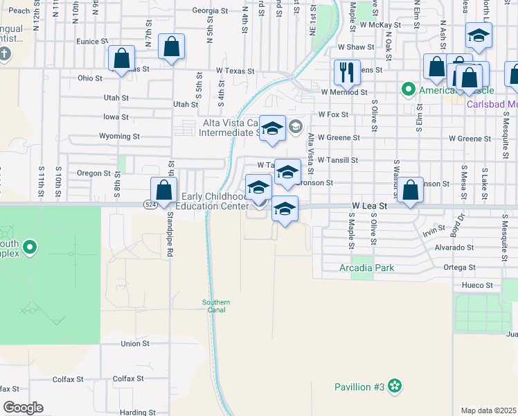 map of restaurants, bars, coffee shops, grocery stores, and more near 1801 West Lea Street in Carlsbad
