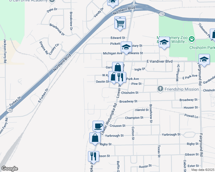 map of restaurants, bars, coffee shops, grocery stores, and more near 103 Destin Street in Montgomery