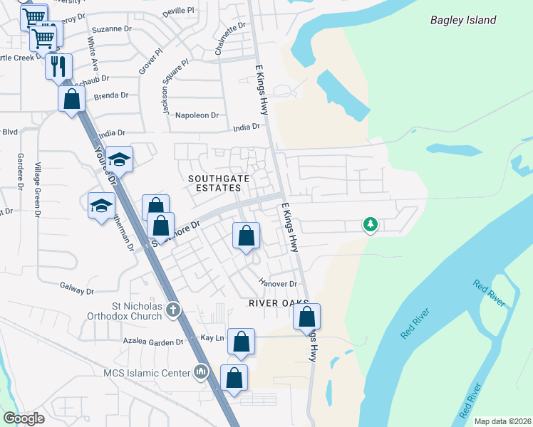 map of restaurants, bars, coffee shops, grocery stores, and more near 116 Hammerly Drive in Shreveport