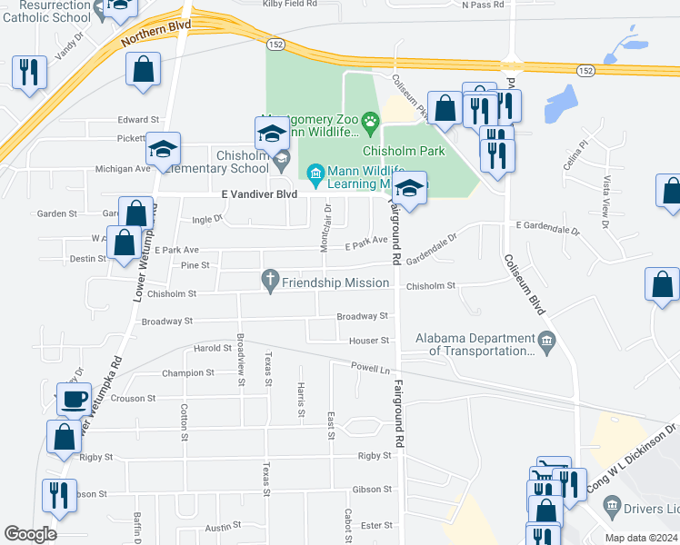 map of restaurants, bars, coffee shops, grocery stores, and more near 414 Gardendale Drive in Montgomery