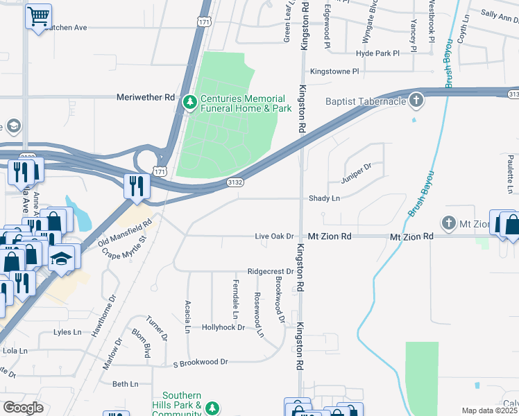 map of restaurants, bars, coffee shops, grocery stores, and more near 1831 Shady Lane in Shreveport