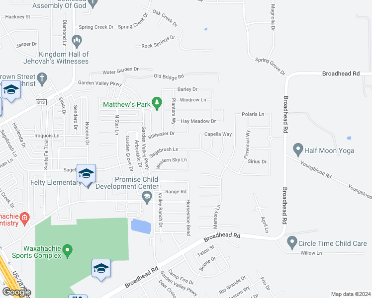 map of restaurants, bars, coffee shops, grocery stores, and more near 515 Sagebrush Lane in Waxahachie