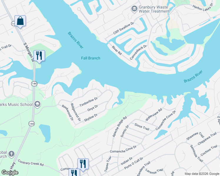 map of restaurants, bars, coffee shops, grocery stores, and more near 606 Rock Harbor Drive in Granbury