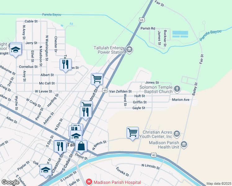 map of restaurants, bars, coffee shops, grocery stores, and more near 610 Van Zelfden Street in Tallulah