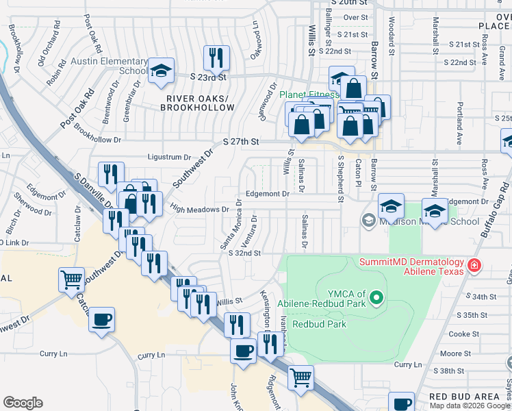 map of restaurants, bars, coffee shops, grocery stores, and more near 3341 Edgemont Drive in Abilene