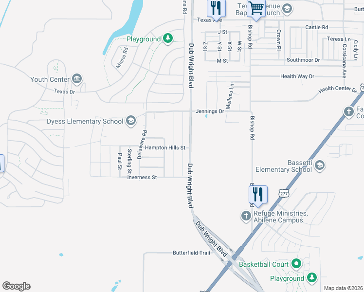 map of restaurants, bars, coffee shops, grocery stores, and more near 2909 Sutherland Street in Abilene