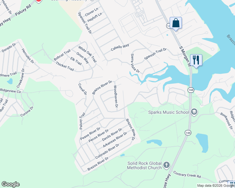map of restaurants, bars, coffee shops, grocery stores, and more near 2503 Woodhaven Drive in Granbury