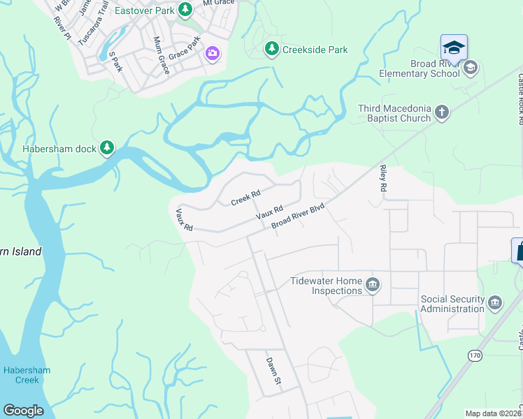 map of restaurants, bars, coffee shops, grocery stores, and more near 6005 Roberts Road in Beaufort