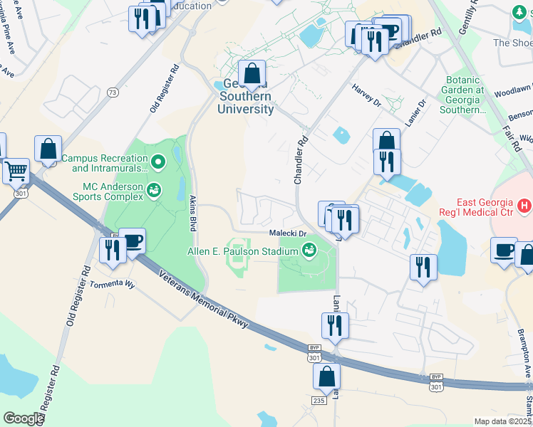 map of restaurants, bars, coffee shops, grocery stores, and more near 1822 30 Chandler Road in Statesboro