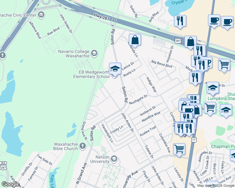 map of restaurants, bars, coffee shops, grocery stores, and more near 401 Solon Road in Waxahachie