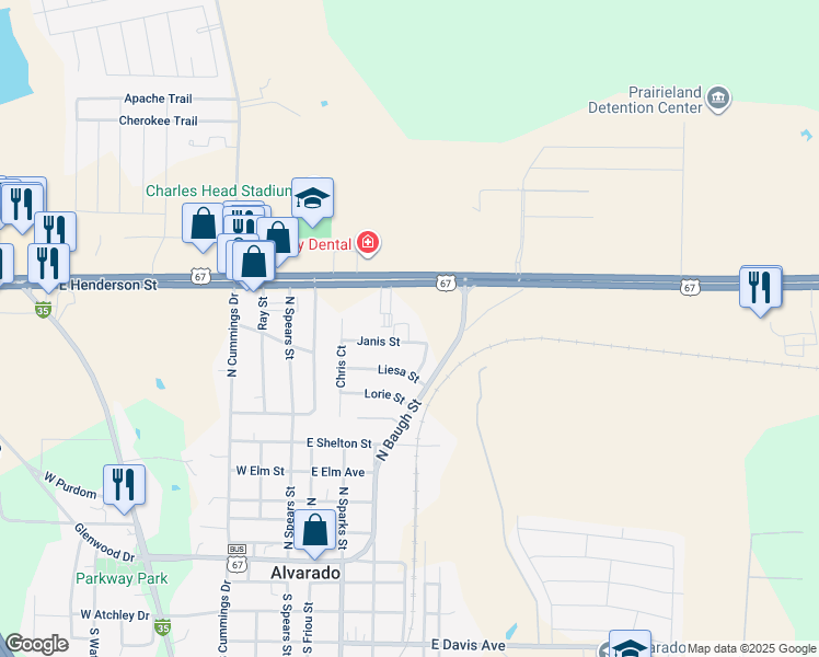 map of restaurants, bars, coffee shops, grocery stores, and more near 125 Janis Street in Alvarado