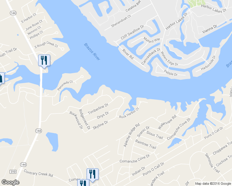 map of restaurants, bars, coffee shops, grocery stores, and more near 606 Rock Harbor Drive in Granbury