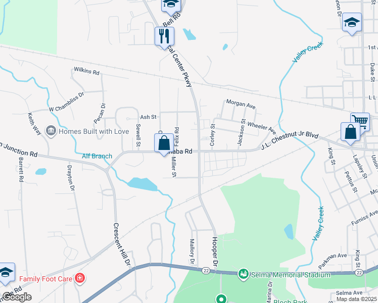 map of restaurants, bars, coffee shops, grocery stores, and more near Cahaba Road in Selma