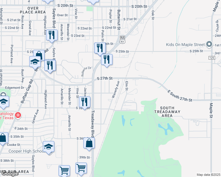 map of restaurants, bars, coffee shops, grocery stores, and more near 2909 Poplar Street in Abilene