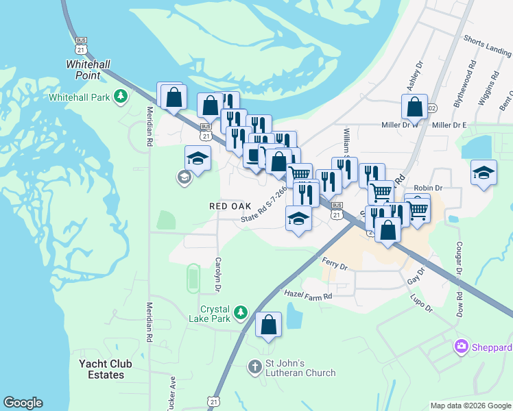 map of restaurants, bars, coffee shops, grocery stores, and more near 59 State Road S-7-266 in Beaufort