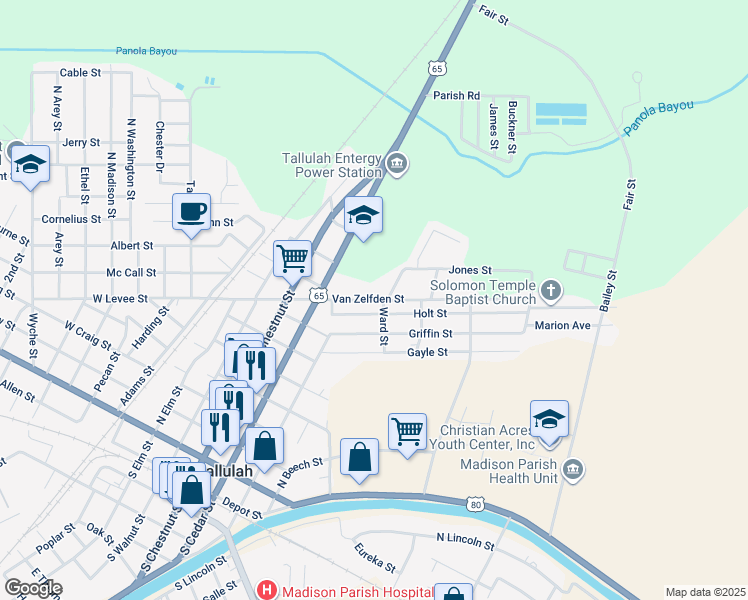 map of restaurants, bars, coffee shops, grocery stores, and more near 610 Van Zelfden Street in Tallulah