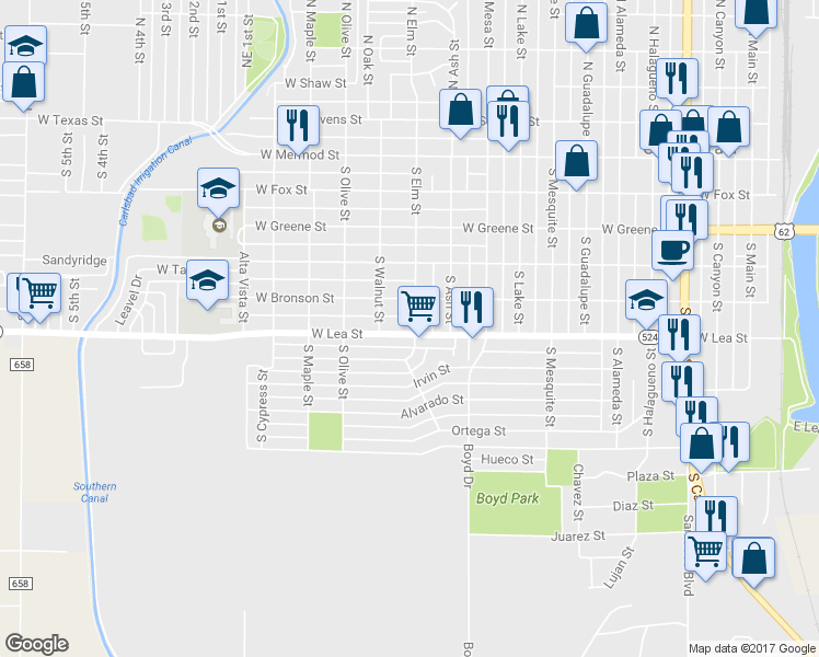 map of restaurants, bars, coffee shops, grocery stores, and more near 513 South Elm Street in Carlsbad