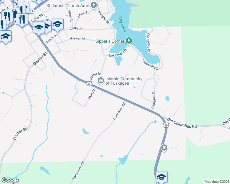 map of restaurants, bars, coffee shops, grocery stores, and more near 1305 S Main St in Tuskegee