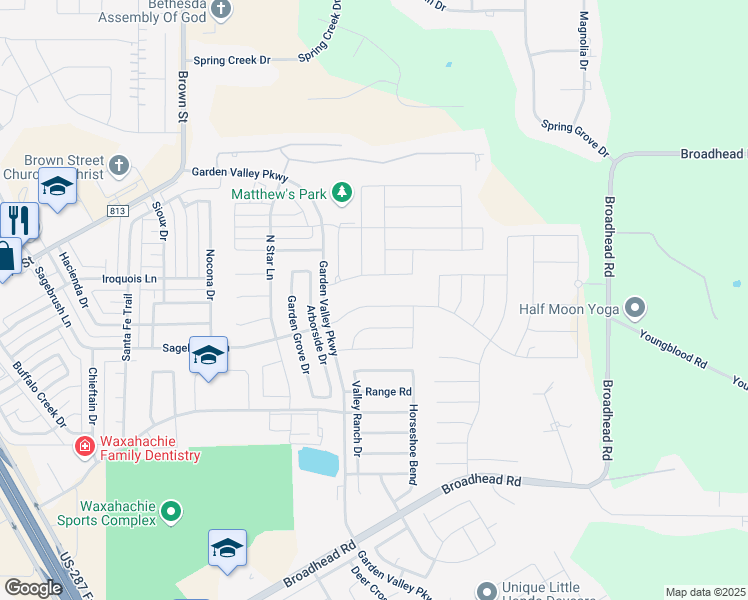 map of restaurants, bars, coffee shops, grocery stores, and more near 515 Sagebrush Lane in Waxahachie