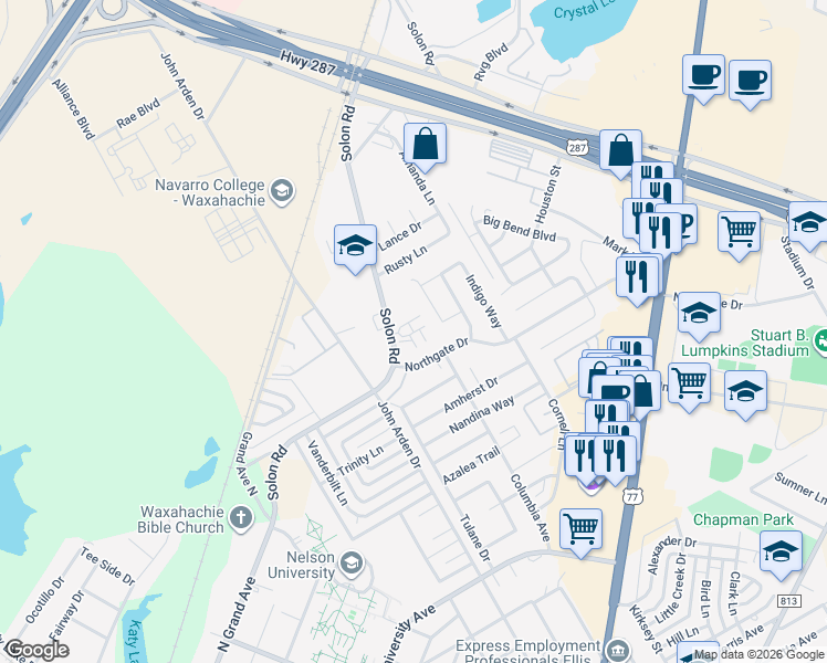 map of restaurants, bars, coffee shops, grocery stores, and more near 380 Solon Road in Waxahachie