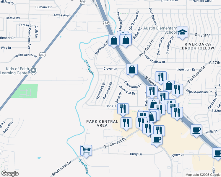 map of restaurants, bars, coffee shops, grocery stores, and more near 3025 Wenwood Road in Abilene