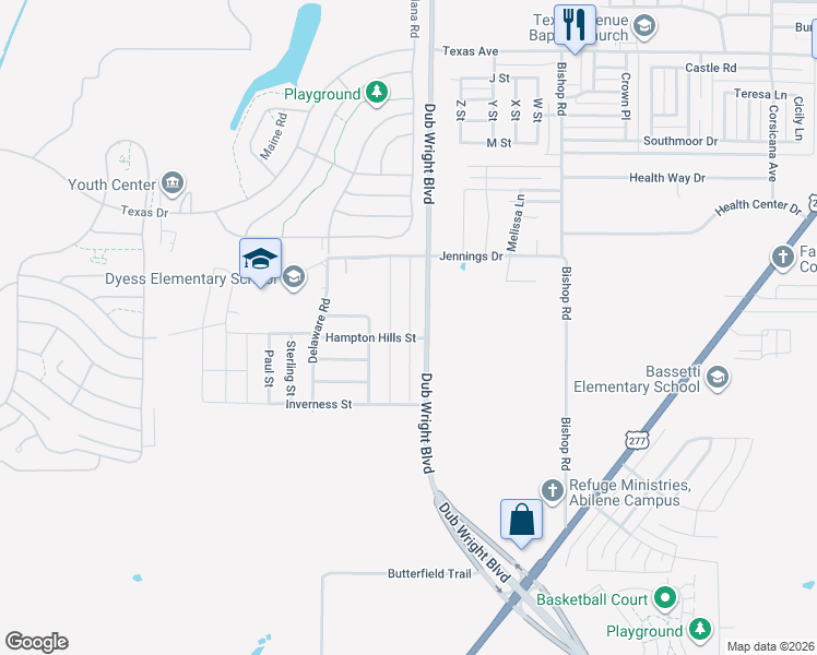 map of restaurants, bars, coffee shops, grocery stores, and more near 2909 Sutherland Street in Abilene