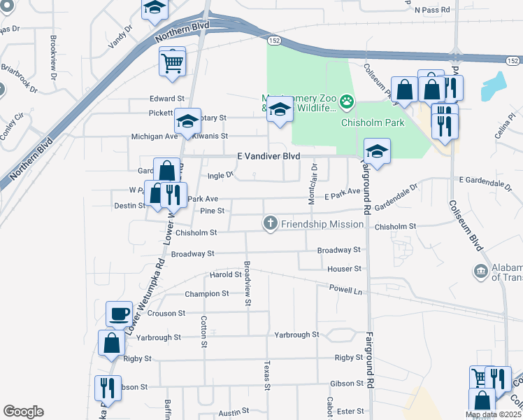 map of restaurants, bars, coffee shops, grocery stores, and more near 302 East Park Avenue in Montgomery