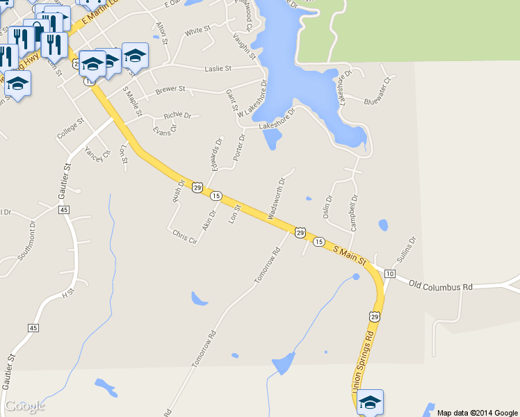 map of restaurants, bars, coffee shops, grocery stores, and more near 1305 South Main Street in Tuskegee