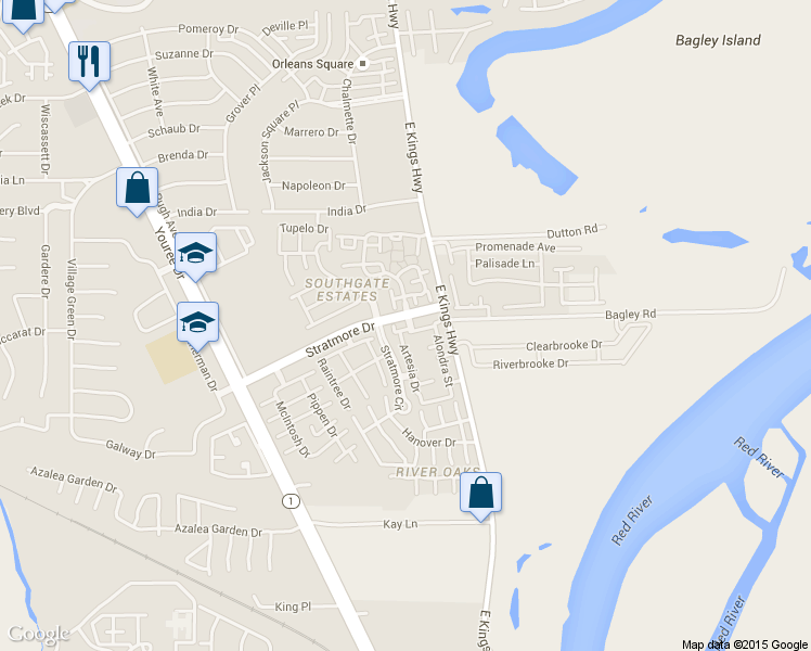 map of restaurants, bars, coffee shops, grocery stores, and more near 201 Stratmore Drive in Shreveport