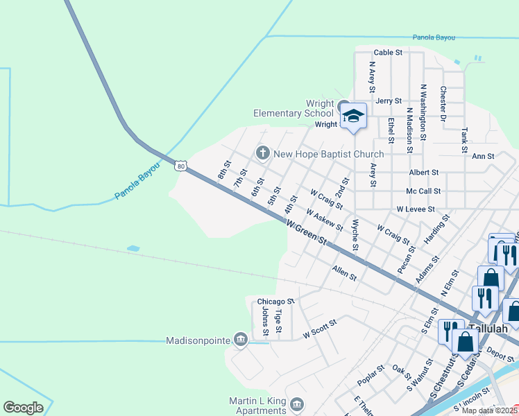 map of restaurants, bars, coffee shops, grocery stores, and more near 1005 West Green Street in Tallulah