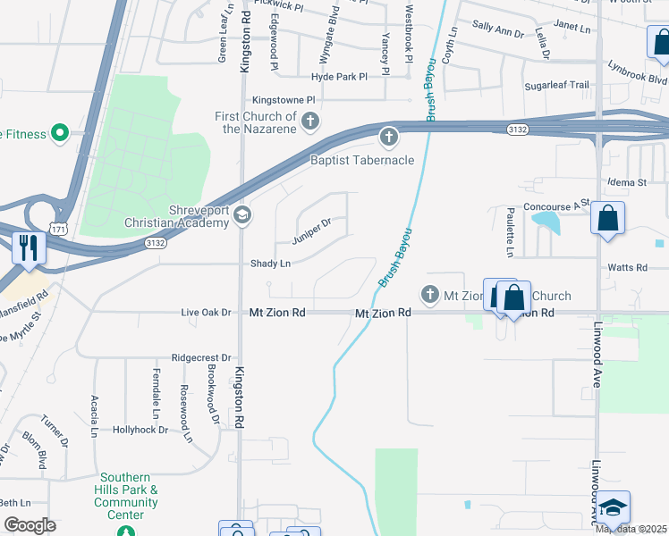 map of restaurants, bars, coffee shops, grocery stores, and more near 9200 Reunion Drive in Shreveport