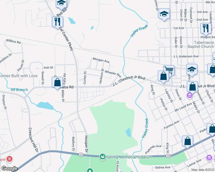 map of restaurants, bars, coffee shops, grocery stores, and more near 202 Old Cahaba Road in Selma