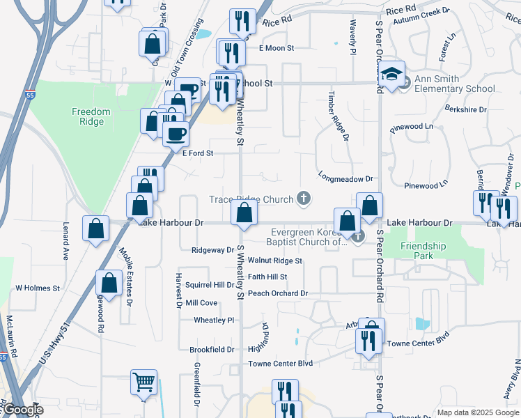 map of restaurants, bars, coffee shops, grocery stores, and more near 219 Pinehill Drive in Ridgeland