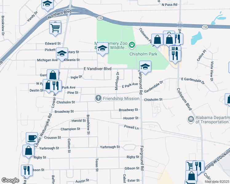 map of restaurants, bars, coffee shops, grocery stores, and more near 355 Gardendale Drive in Montgomery