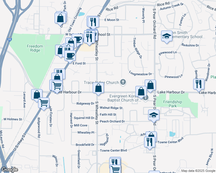 map of restaurants, bars, coffee shops, grocery stores, and more near 219 Pinehill Drive in Ridgeland