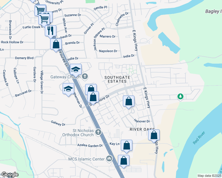 map of restaurants, bars, coffee shops, grocery stores, and more near 421 Tulip Drive in Shreveport