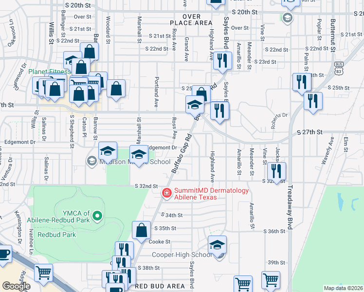 map of restaurants, bars, coffee shops, grocery stores, and more near 2848 Buffalo Gap Road in Abilene