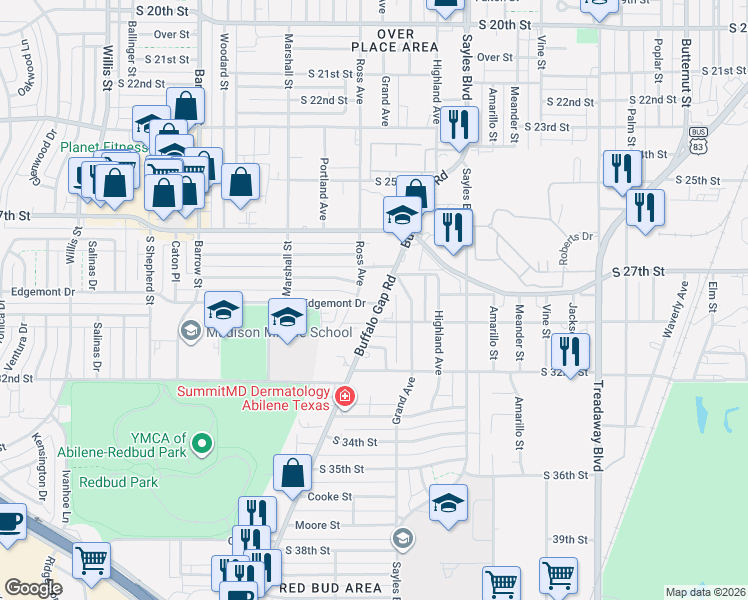 map of restaurants, bars, coffee shops, grocery stores, and more near 2925 Buffalo Gap Road in Abilene