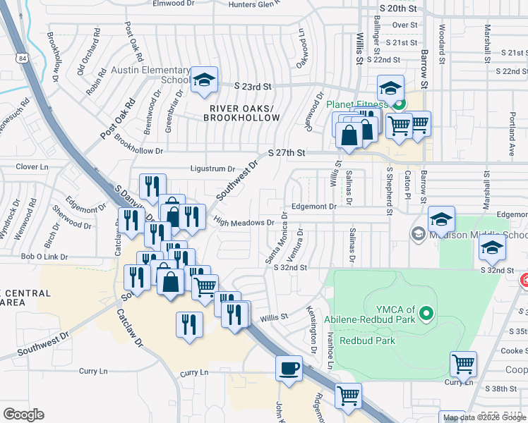map of restaurants, bars, coffee shops, grocery stores, and more near 70 Ponderosa Circle in Abilene