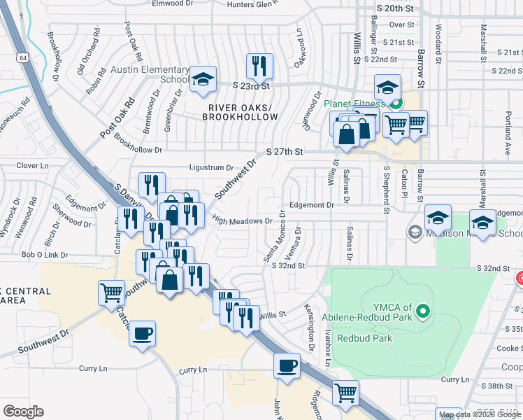 map of restaurants, bars, coffee shops, grocery stores, and more near 70 Ponderosa Circle in Abilene