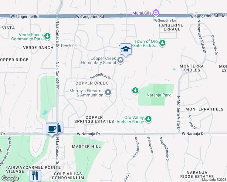 map of restaurants, bars, coffee shops, grocery stores, and more near 11488 North Ingot Loop in Oro Valley