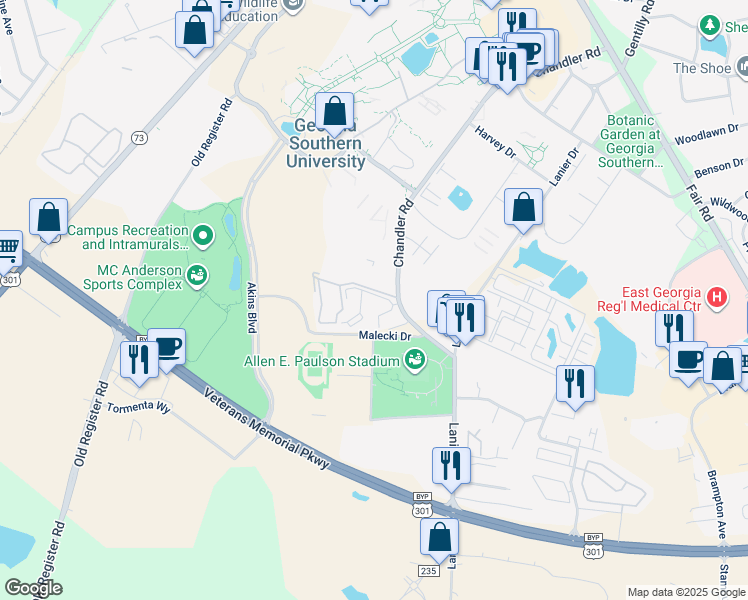 map of restaurants, bars, coffee shops, grocery stores, and more near 1822 Chandler Road in Statesboro