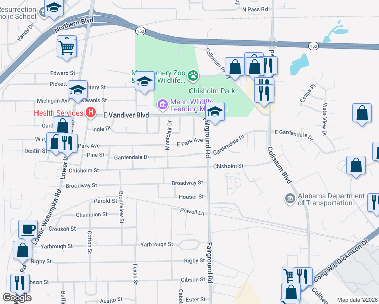 map of restaurants, bars, coffee shops, grocery stores, and more near 439 Gardendale Drive in Montgomery
